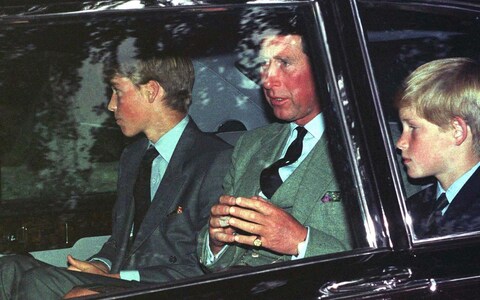 Charles travels with William and Harry to Crathie Church, near Balmoral, the day after Diana died