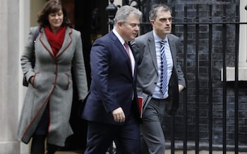 Claire Perry leaves Downing Street, behind Tory chairman Brandon Lewis and chief whip Julian Smith