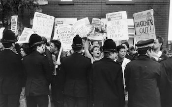 Demonstration at Hazel Grove Conservative Club. Margaret Thatcher (b 1925) became Britain's first female prime minister (1979-1990).