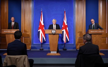 Chief Medical Officer Chris Whitty, Prime Minister Boris Johnson and Chief Scientific Adviser Patrick Vallance at a Covid-19 media briefing in the Downing Street briefing room