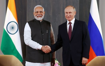 Russian President Vladimir Putin (R) meets with Indian Prime Minister Narendra Modi on the sidelines of the 22nd Shanghai Cooperation Organisation Heads of State Council (SCO-HSC) Summit, in Samarkand, Uzbekistan, 16 September 2022