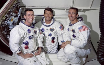 The Apollo 7 crew, l-r, Donn Eisele, Walter Schirra and Walt Cunningham 