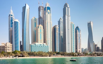 Dubai skyline of the buildings in the Jumeirah beach and Marina area