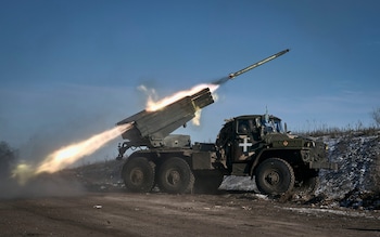 Ukrainian army Grad multiple rocket launcher fires rockets at Russian positions in the frontline near Soledar