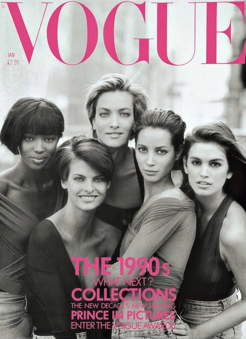 Peter Lindbergh's 1990 Vogue cover that launched the 'supermodels': l-r, Naomi Campbell, Linda Evangelista, Tatjana Patitz, Christy Turlington and Cindy Crawford