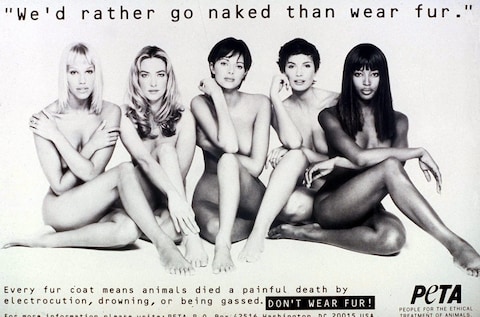 A poster for a PETA anti-fur campaign, l-r, Emma Sjöberg, Tatjana Patitz, Heather Stewart Whyte, Fabienne Terwinghe and Naomi Campbell 