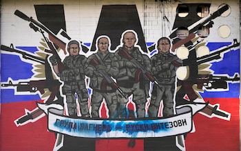 Mural depicts mercenaries of Russia's Wagner Group with a message reading: 'Wagner Group - Russian knights'