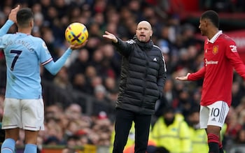 Manchester United's head coach Erik ten Hag gestures during the English Premier League soccer match between Manchester United and Manchester City at Old Trafford in Manchester, England